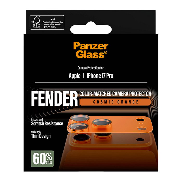 PanzerGlass Protector de Cámara Fender Cosmic Orange para iPhone 17 Pro, Resistente a Golpes y Rayones, Aplicación en Seco y Sin Burbujas, Kit de Limpieza Incluido