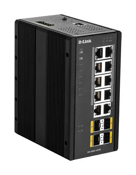 D-Link DIS-300G-14PSW Switch Gigabit Ethernet Industrial Gestionable L2, 14 Puertos (10x10/100/1000BASE-T con 8 PoE+ + 4 SFP), Montaje Pared/DIN, Negro