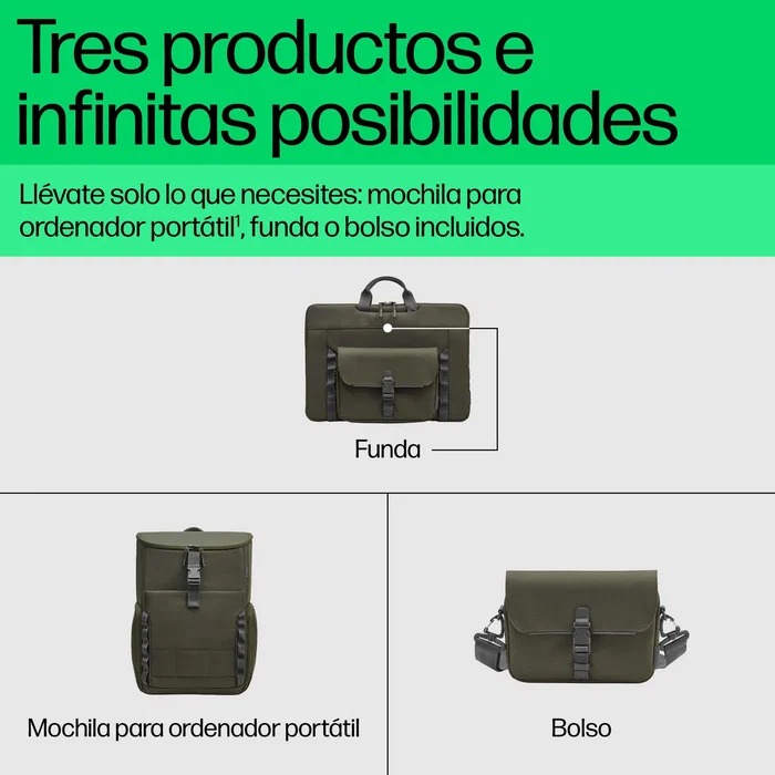 HP Mochila Modular para Portátil 9J4C1AA, 15.6 Pulgadas (39.6 cm) - Convertible en Funda y Bolsa, 27L, Resistente al Agua, Verde y Gris