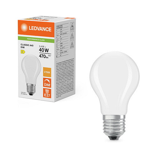 OSRAM LED Classic A 40 Filament DIM P E27 3.4W 470lm 2700K Frosted Dimmable