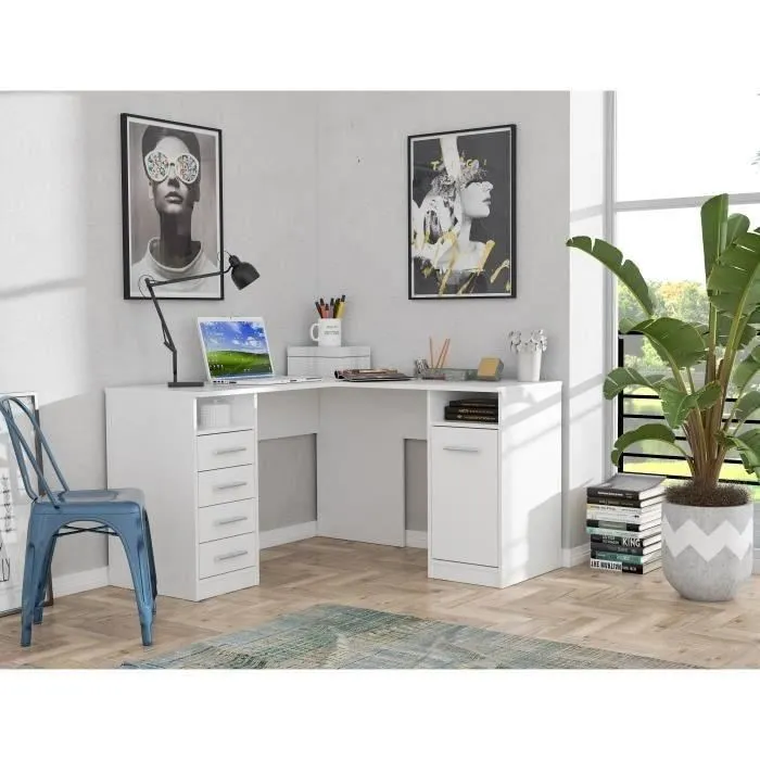 TOLEDE Escritorio de esquina 1 puerta 4 cajones - Decoración de papel blanco - L 125 x P 125 x H 75 cm
