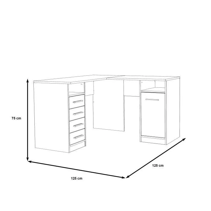 TOLEDE Escritorio de esquina 1 puerta 4 cajones - Decoración de papel blanco - L 125 x P 125 x H 75 cm