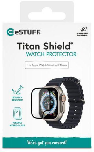 eSTUFF Protector de Pantalla Titan Shield de Vidrio Híbrido Flexible para Apple Watch Series 4/5/6/SE 44 mm - Transparente/Negro
