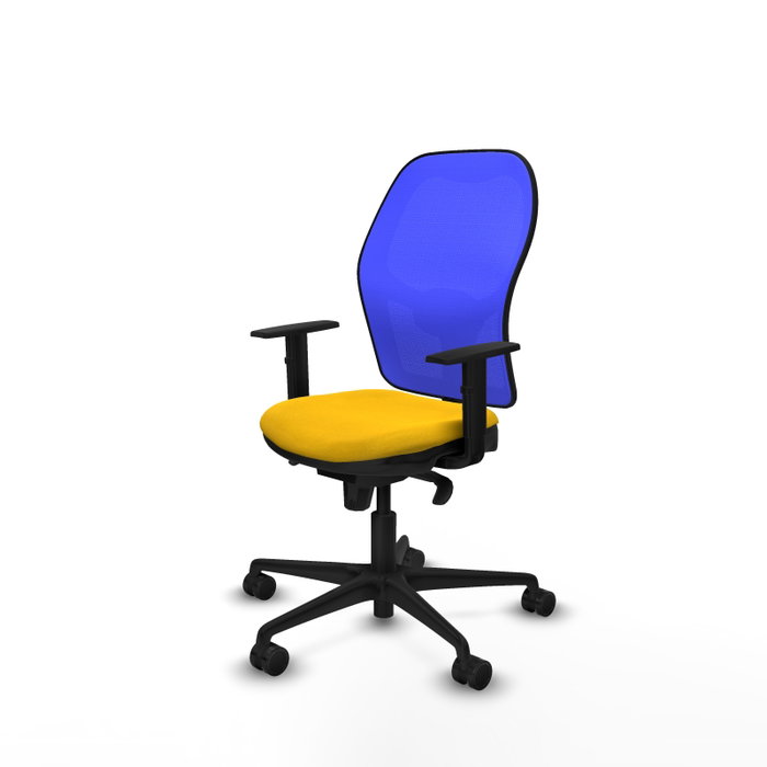 Silla de oficina Jorquera con mecanismo Sincro tapizada con Tela color Amarillo y malla color Azul. Equipada con lumbar 1D, Brazos 1D y Ruedas 65mm nailon Silla de oficina Jorquera con mecanismo Sincro tapizada con Tela color Amarillo y malla color Azul. Equipada con lumbar 1D, Brazos 1D y Ruedas 65mm nailon