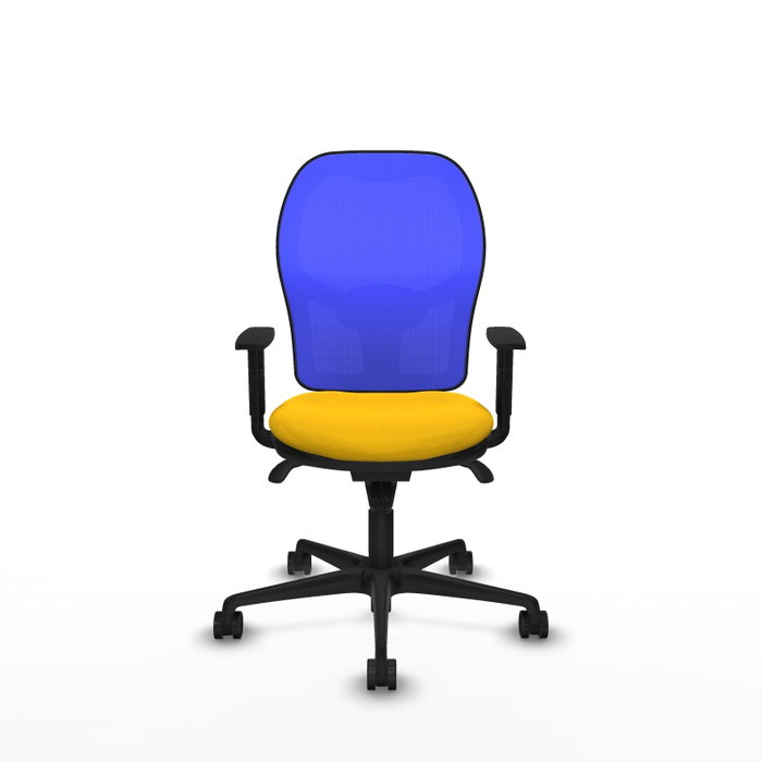 Silla de oficina Jorquera con mecanismo Sincro tapizada con Tela color Amarillo y malla color Azul. Equipada con lumbar 1D, Brazos 1D y Ruedas 65mm nailon Silla de oficina Jorquera con mecanismo Sincro tapizada con Tela color Amarillo y malla color Azul. Equipada con lumbar 1D, Brazos 1D y Ruedas 65mm nailon