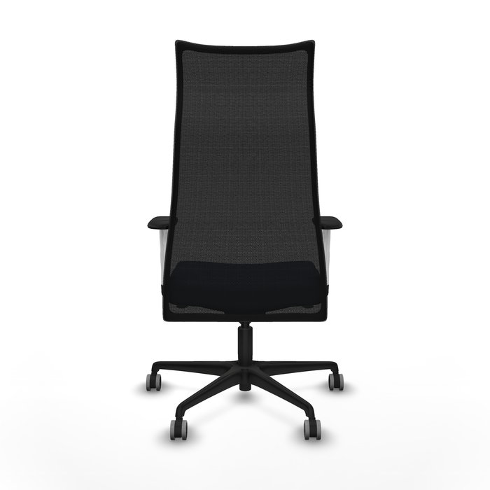 Sillón Albacete con mecanismo Sincro tapizada con Similpiel color Azul marino y malla color Negro. Equipado con Base nailon negra, Brazos 1D y Ruedas 65 mm parqué