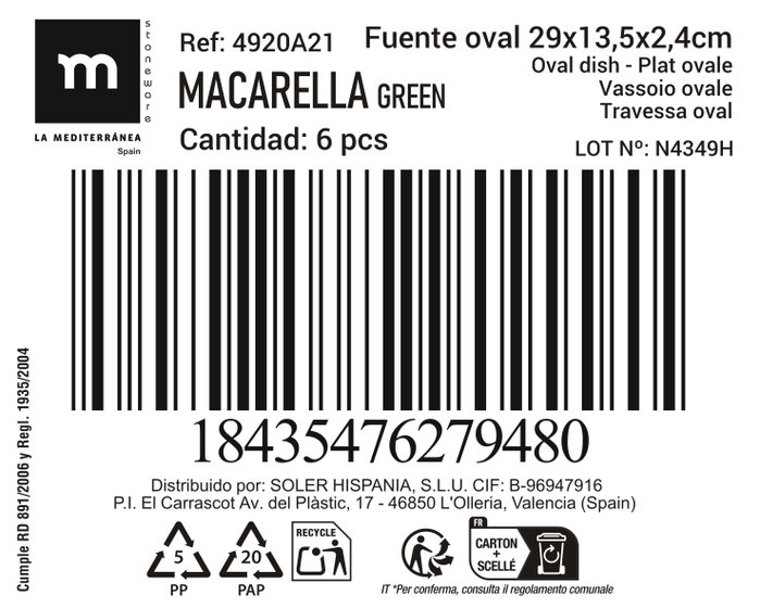 La Mediterranea Fuente Oval Macarella Green (24 Unidades) de 29 cm x 13,5 cm x 2,4 cm