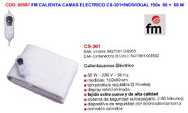 FM Calienta Camas Eléctrico CS-301 Individual 150x80 cm Blanca