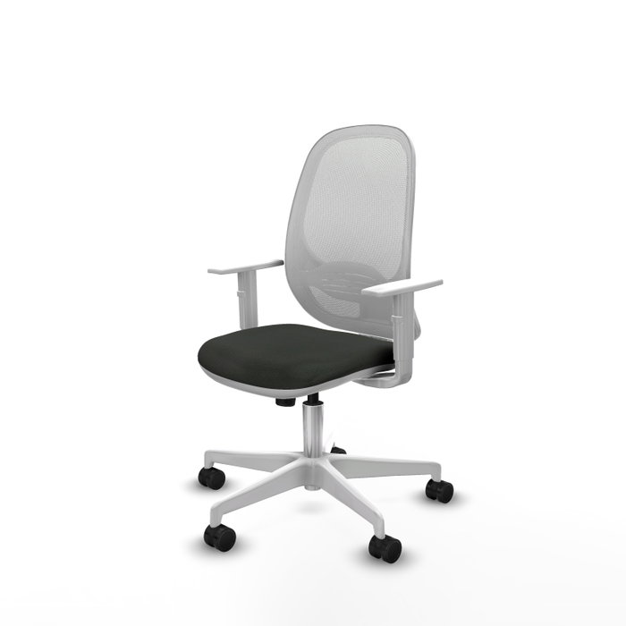 Silla de oficina Cilanco con mecanismo Sincro tapizada con Tela color Negro y malla color Blanco. Equipada con lumbar 1D, Reposabrazos blancos y Ruedas 65mm nailon
