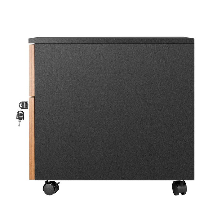 Phoenix - Cajonera de Oficina Negra con Frontal Nogal Artisan, 2 Cajones (uno con llave), Ruedas con Freno, 40x54.5x44.2 cm (52 cm con ruedas)