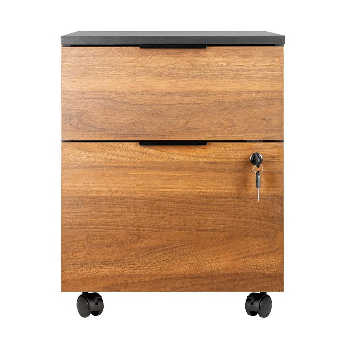 Phoenix - Cajonera de Oficina Negra con Frontal Nogal Artisan, 2 Cajones (uno con llave), Ruedas con Freno, 40x54.5x44.2 cm (52 cm con ruedas)