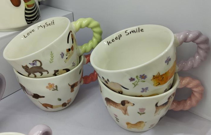 DKD Home Decor Set de Tazas de Porcelana Perros y Gatos Multicolor
