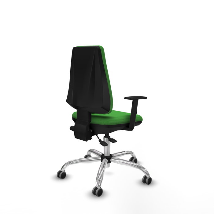 Silla de oficina Elche con mecanismo Asincro tapizada con Tela color Verde. Equipada con Base cromada, Brazos 1D y Ruedas 65 mm parqué