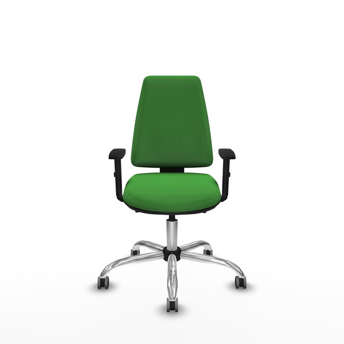 Silla de oficina Elche con mecanismo Asincro tapizada con Tela color Verde. Equipada con Base cromada, Brazos 1D y Ruedas 65 mm parqué