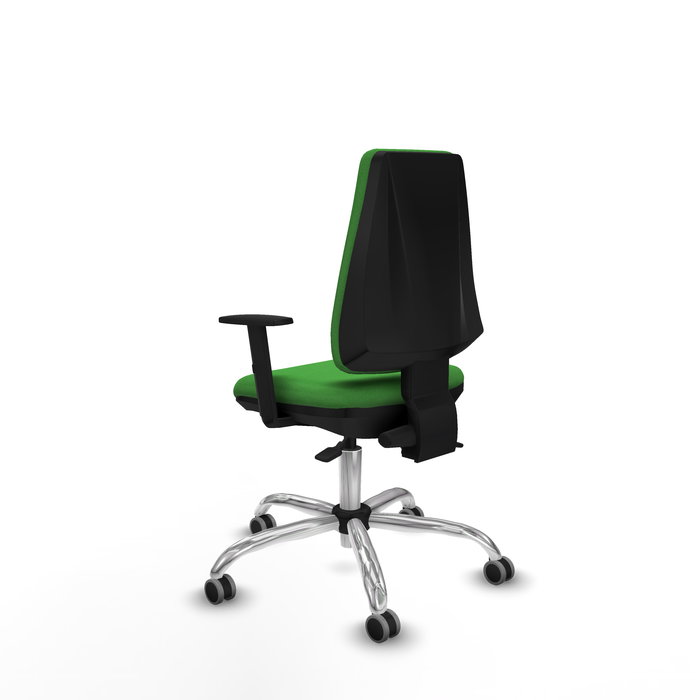 Silla de oficina Elche con mecanismo Asincro tapizada con Tela color Verde. Equipada con Base cromada, Brazos 1D y Ruedas 65 mm parqué