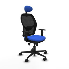 Silla de oficina Jorquera con mecanismo Sincro tapizada con Tela color Azul y malla color Negro. Equipada con lumbar 1D, Brazos 1D, Cabecero Fijo y Ruedas 65mm nailon