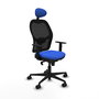 Silla de oficina Jorquera con mecanismo Sincro tapizada con Tela color Azul y malla color Negro. Equipada con lumbar 1D, Brazos 1D, Cabecero Fijo y Ruedas 65mm nailon
