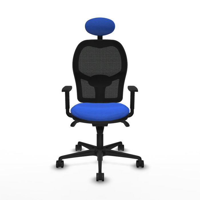 Silla de oficina Jorquera con mecanismo Sincro tapizada con Tela color Azul y malla color Negro. Equipada con lumbar 1D, Brazos 1D, Cabecero Fijo y Ruedas 65mm nailon