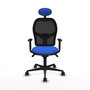 Silla de oficina Jorquera con mecanismo Sincro tapizada con Tela color Azul y malla color Negro. Equipada con lumbar 1D, Brazos 1D, Cabecero Fijo y Ruedas 65mm nailon