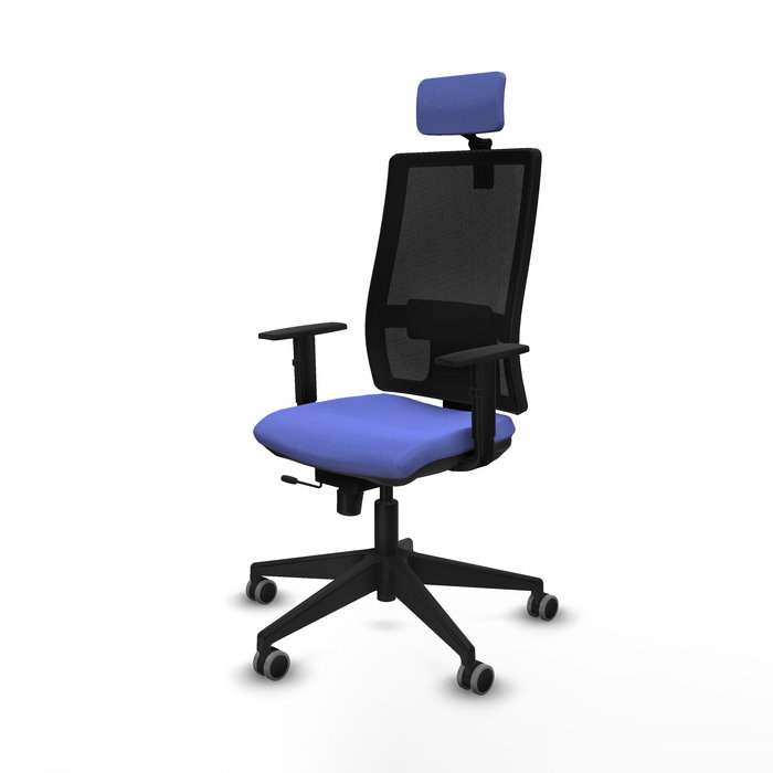 Silla de oficina Horna con mecanismo Sincro/Traslack tapizada con Tela color Azul claro y malla color Negro. Equipada con lumbar 1D, Brazos 1D, Cabecero 2D y Ruedas 65 mm parqué Silla de oficina Horna con mecanismo Sincro/Traslack tapizada con Tela color Azul claro y malla color Negro. Equipada con lumbar 1D, Brazos 1D, Cabecero 2D y Ruedas 65 mm parqué