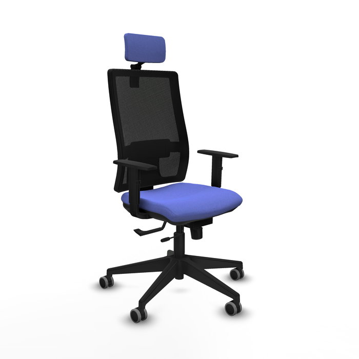 Silla de oficina Horna con mecanismo Sincro/Traslack tapizada con Tela color Azul claro y malla color Negro. Equipada con lumbar 1D, Brazos 1D, Cabecero 2D y Ruedas 65 mm parqué Silla de oficina Horna con mecanismo Sincro/Traslack tapizada con Tela color Azul claro y malla color Negro. Equipada con lumbar 1D, Brazos 1D, Cabecero 2D y Ruedas 65 mm parqué