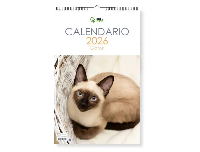 Liderpapel Calendario de Pared 2026 con Imágenes de Gatos, Formato Espiral 25x40 cm para Escribir, Papel de 157 g/m²