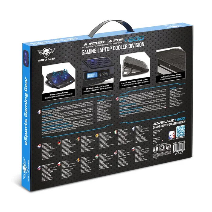 Spirit of Gamer Airblade 600 Base Refrigeradora para Portátil hasta 17 Pulgadas, 4 Ventiladores (2x12cm + 2x7cm), 1500 RPM, Luz LED Azul, Control LCD, USB, Negro/Azul