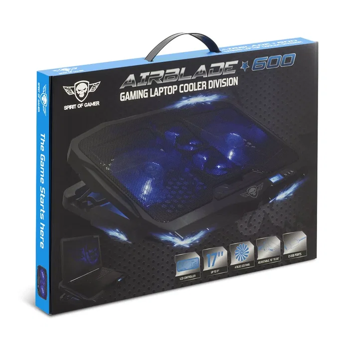Spirit of Gamer Airblade 600 Base Refrigeradora para Portátil hasta 17 Pulgadas, 4 Ventiladores (2x12cm + 2x7cm), 1500 RPM, Luz LED Azul, Control LCD, USB, Negro/Azul