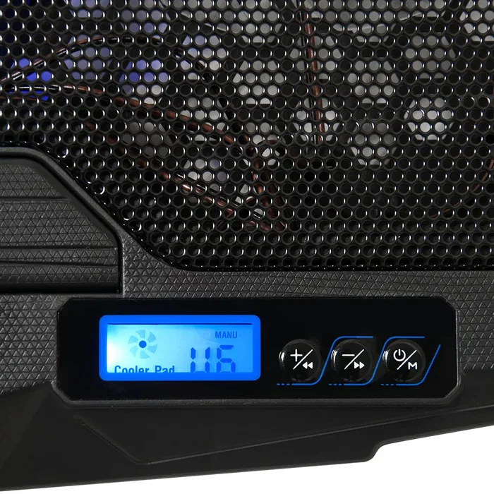 Spirit of Gamer Airblade 600 Base Refrigeradora para Portátil hasta 17 Pulgadas, 4 Ventiladores (2x12cm + 2x7cm), 1500 RPM, Luz LED Azul, Control LCD, USB, Negro/Azul