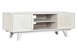 DKD Home Decor Mueble TV Romántico Blanco Roto Mango y Ratán 128 x 40 x 45 cm