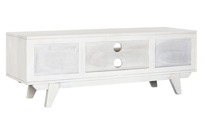 DKD Home Decor Mueble TV Romántico Blanco Roto Mango y Ratán 128 x 40 x 45 cm