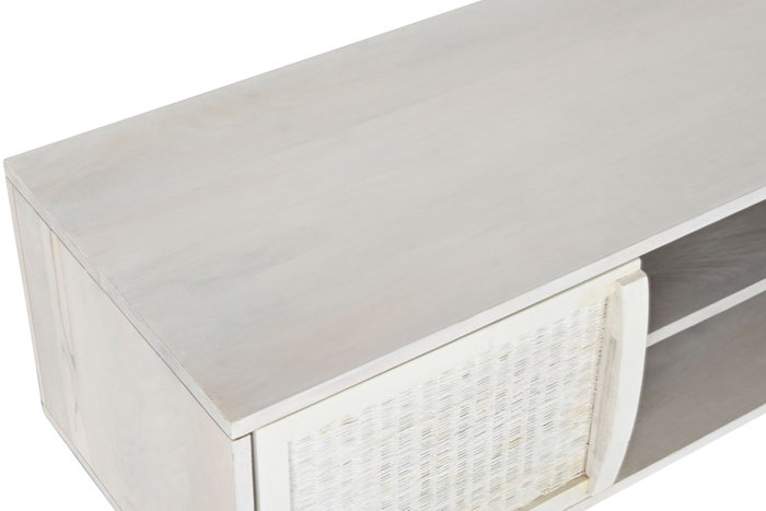 DKD Home Decor Mueble TV Romántico Blanco Roto Mango y Ratán 128 x 40 x 45 cm