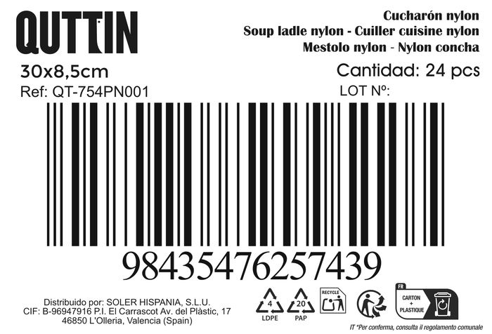 Quttin Cucharon de Nylon Negro 30 x 8.5 cm (24 Unidades)