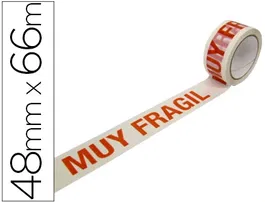 Blanca Cinta Adhesiva de Polipropileno Blanca con Impresión 'MUY FRÁGIL' Roja para Embalaje, 48 mm x 66 m