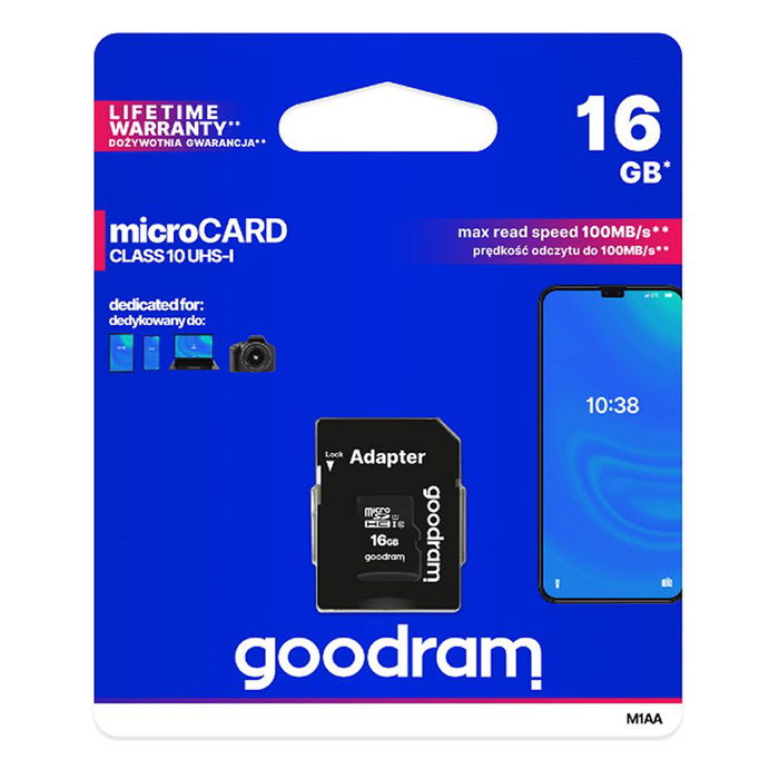 Goodram Tarjeta de Memoria Micro SDHC M1AA-0160R12 16GB Clase 10 UHS-I, Velocidad Lectura hasta 100 MB/s con Adaptador SD