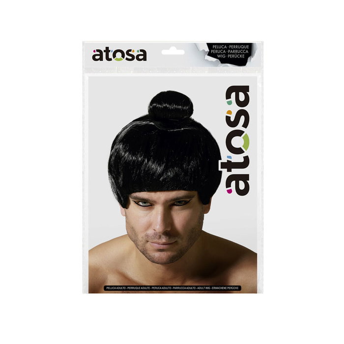 Atosa Peluca Samurai Negra con Moño Alto y Flequillo Recto
