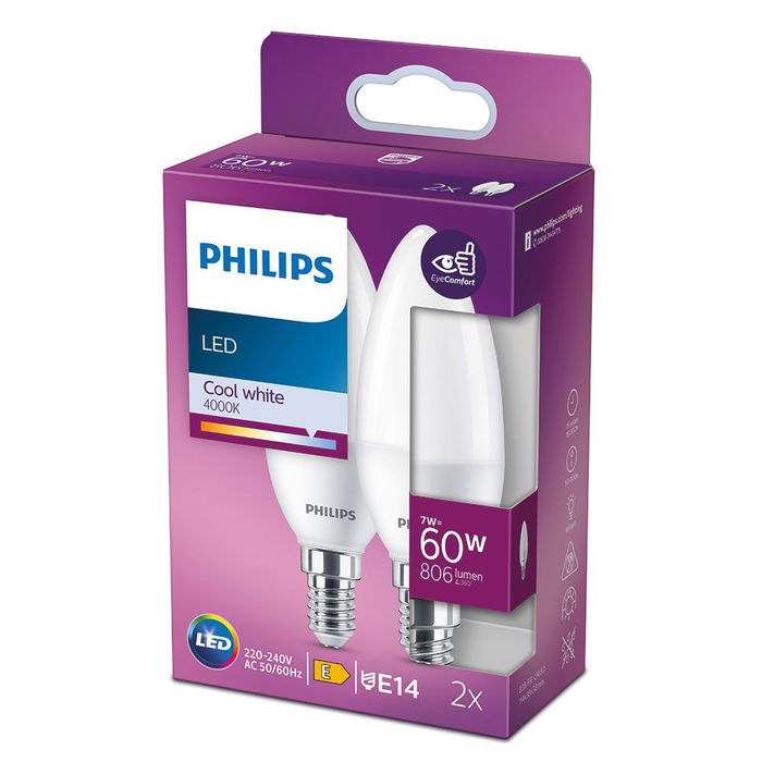 Philips Bombilla Vela LED E14 7W 806lm 4000K Luz Día 2Uds Philips Bombilla Vela LED E14 7W 806lm 4000K Luz Día 2Uds