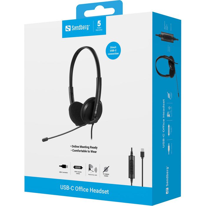 Sandberg USB-C Office Headset Auriculares con Micrófono, Control de Volumen, Alta Calidad, para Ordenador