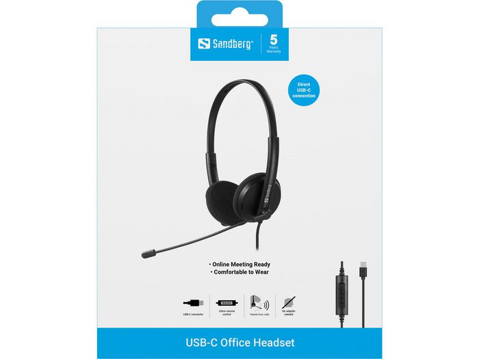 Sandberg USB-C Office Headset Auriculares con Micrófono, Control de Volumen, Alta Calidad, para Ordenador