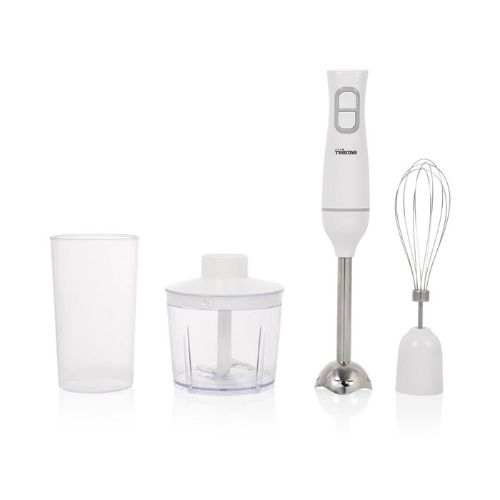 Tristar MX-4881 Batidora de mano con picadora, varillas y vaso medidor, Blanco