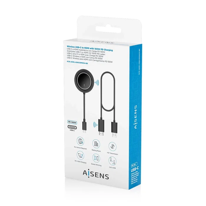 Aisens Adaptador Inalámbrico USB-C a HDMI 1080P 60Hz con Carga PD 100W, Negro