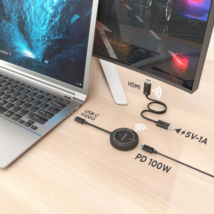 Aisens Adaptador Inalámbrico USB-C a HDMI 1080P 60Hz con Carga PD 100W, Negro