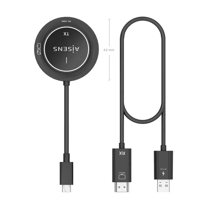 Aisens Adaptador Inalámbrico USB-C a HDMI 1080P 60Hz con Carga PD 100W, Negro