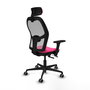 Silla de oficina Jorquera con mecanismo Sincro/Traslack tapizada con Similpiel color Rosa y malla color Gris. Equipada con lumbar 1D, Brazos 3D, Cabecero 2D y Ruedas 65 mm parqué