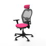 Silla de oficina Jorquera con mecanismo Sincro/Traslack tapizada con Similpiel color Rosa y malla color Gris. Equipada con lumbar 1D, Brazos 3D, Cabecero 2D y Ruedas 65 mm parqué