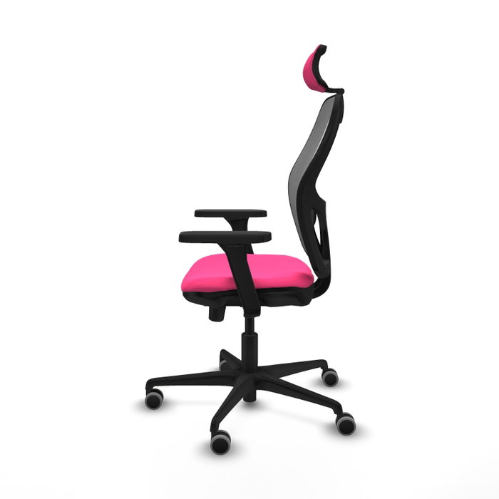 Silla de oficina Jorquera con mecanismo Sincro/Traslack tapizada con Similpiel color Rosa y malla color Gris. Equipada con lumbar 1D, Brazos 3D, Cabecero 2D y Ruedas 65 mm parqué