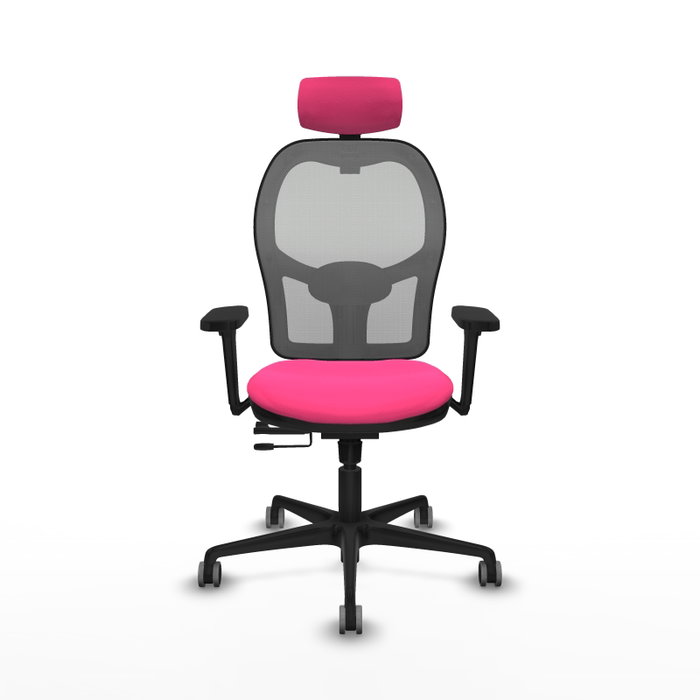 Silla de oficina Jorquera con mecanismo Sincro/Traslack tapizada con Similpiel color Rosa y malla color Gris. Equipada con lumbar 1D, Brazos 3D, Cabecero 2D y Ruedas 65 mm parqué
