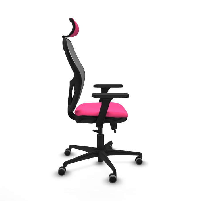 Silla de oficina Jorquera con mecanismo Sincro/Traslack tapizada con Similpiel color Rosa y malla color Gris. Equipada con lumbar 1D, Brazos 3D, Cabecero 2D y Ruedas 65 mm parqué