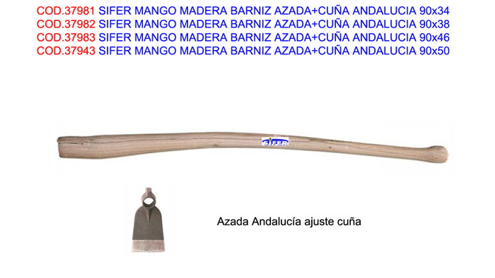 SIFER Mango de Madera Curvo Barnizado para Azada y Cuña Andalucía 90x34 SIFER Mango de Madera Curvo Barnizado para Azada y Cuña Andalucía 90x34