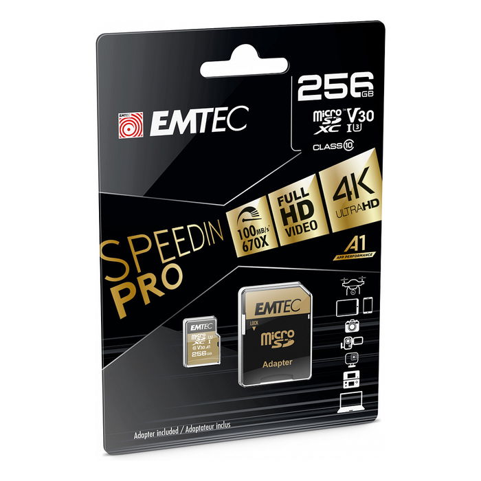 EMTEC SpeedIN Pro m256GB Tarjeta MicroSDXC UHS-I U3 V30 A1 Clase 10 100MB/s Lectura con Adaptador